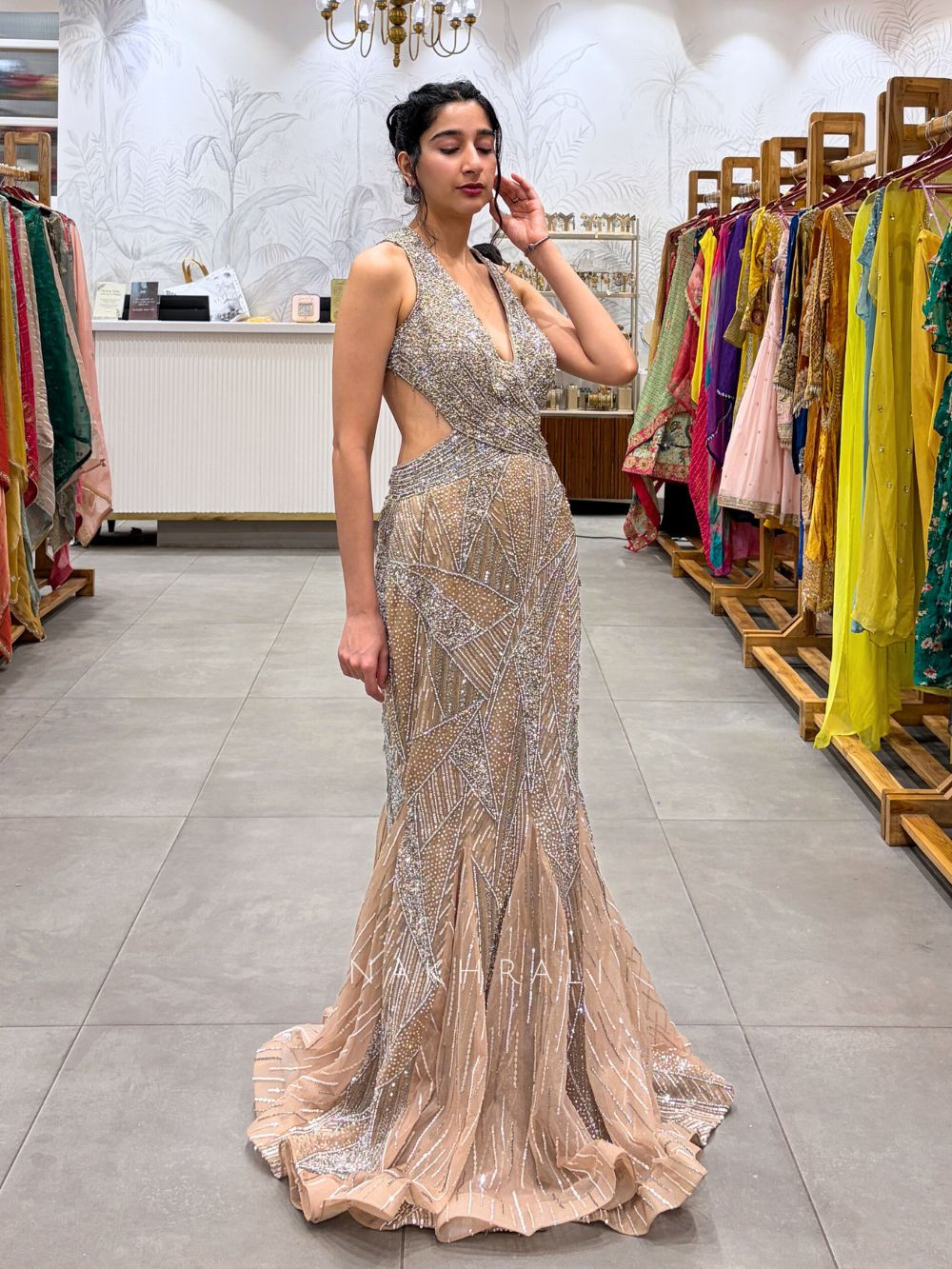gold work dress Ladivine J890 Women's Formal Evening & Wedding Guest Dress - Platinum