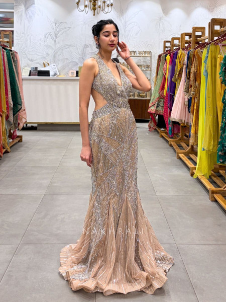 Elora Golden Sequin and Pearl Work Cocktail Gown