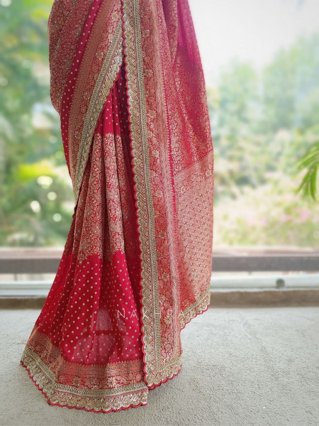 Dharini Red Pure Georgette Silk Blend Bandhani Saree with Banarasi Zari Border