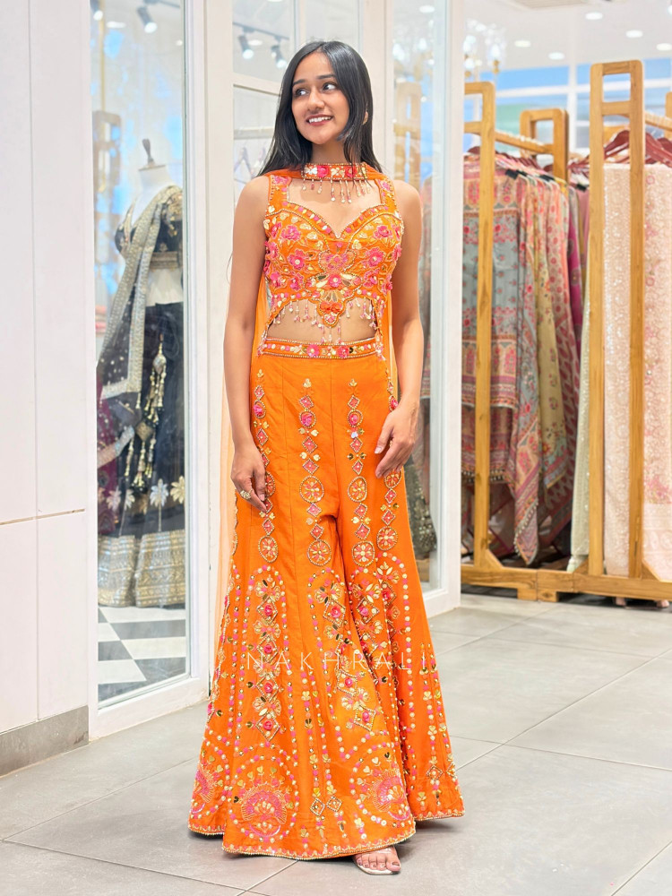 Image of Naveli Orange Indo-Western Set with Mirror Sequin Work