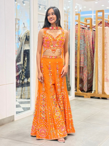 Naveli Orange Indo-Western Set with Mirror Sequin Work