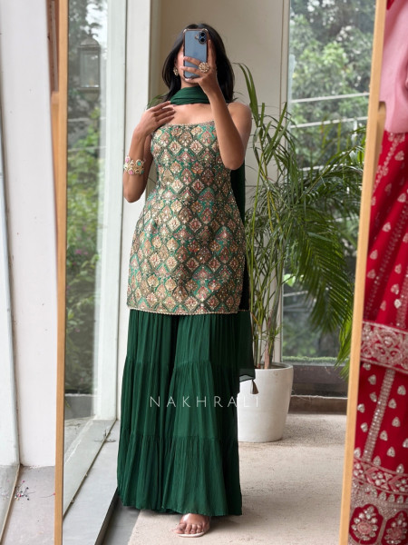 Heera Bottle Green Banarasi Brocade & Crushed Georgette Palazzo Suit Set