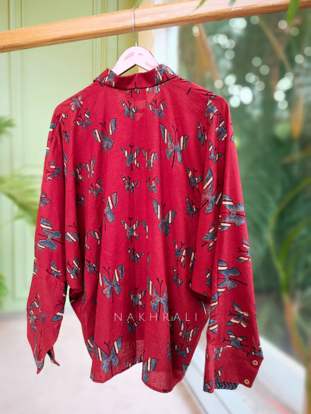 Banjara Red Cotton Oversized Shirt with Butterfly & Chevron Print