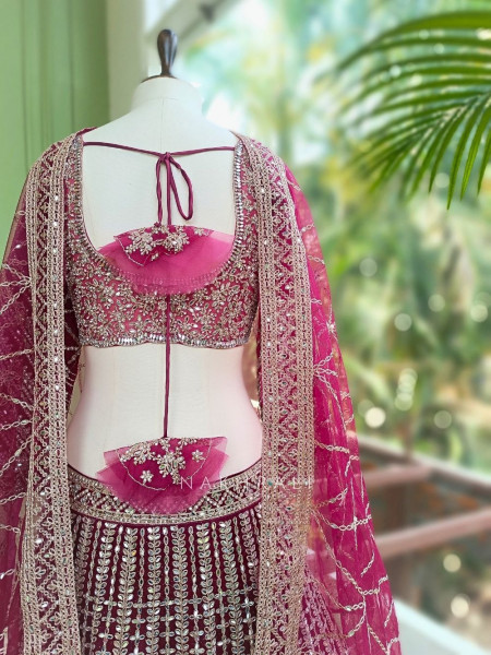 Kaira Wine Mirror Work Silk Lehenga