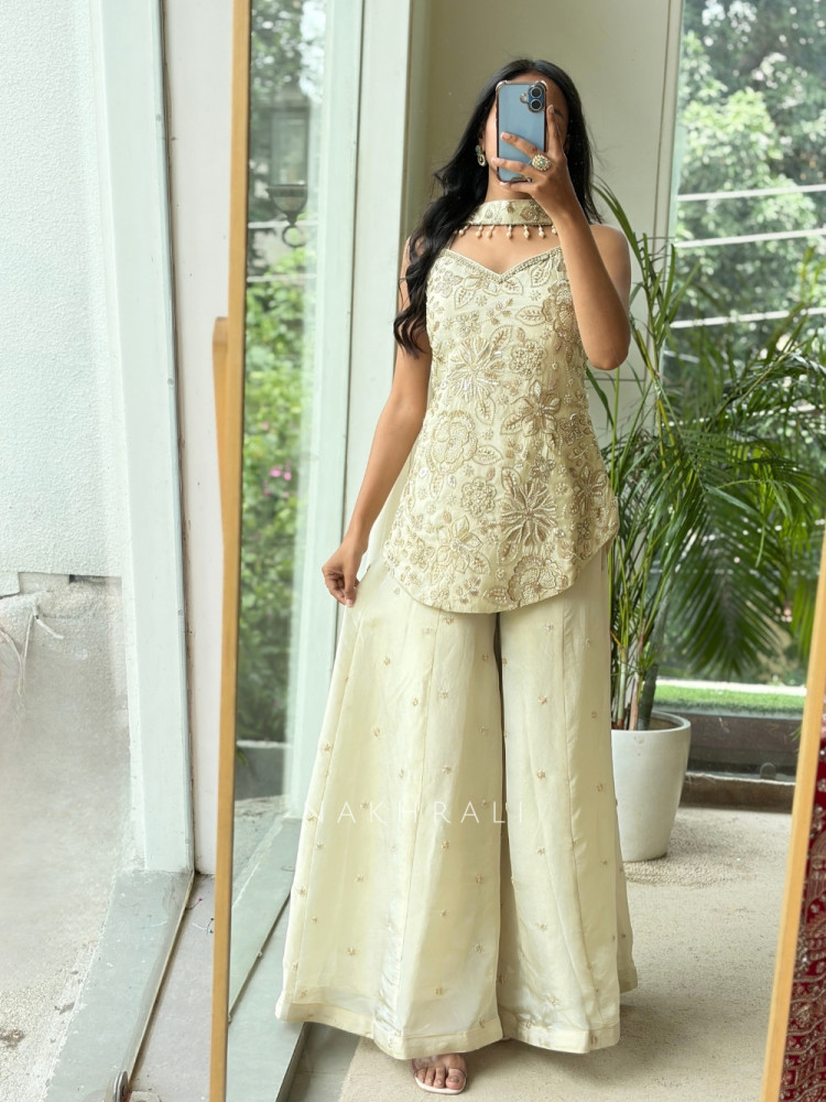 Image of Mrinmayi Cream Georgette Palazzo Suit Set