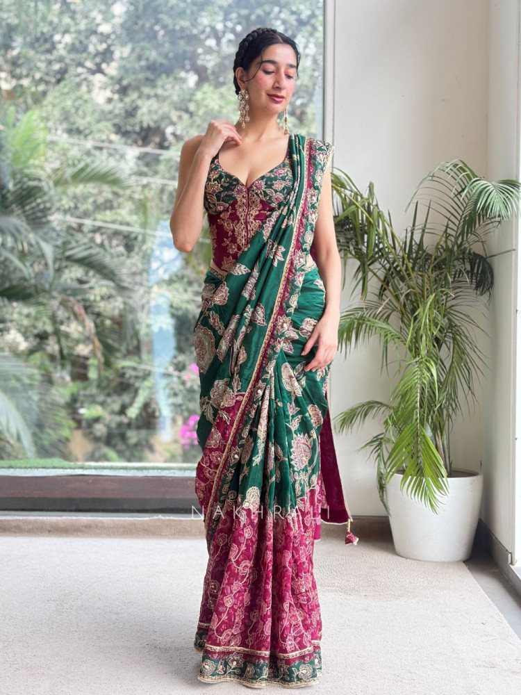 Image of Thalassa Purple Georgette Saree with Readymade Corset Blouse