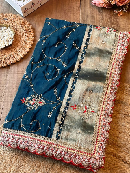 Koshira Teal Blue Pure Dola Silk Saree WIth Gotta Patti, Resham & Scalloped Zari Border