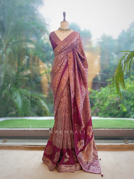 Noor-e-Kashi Katan Silk Wine Saree With Banarasi Zari Brocade Weave