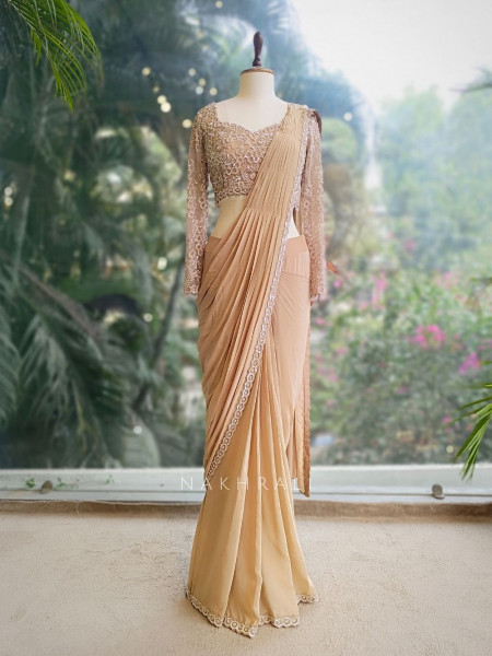 Taupe Allure Brown Drape Saree with Sequin Cut Dana Blouse