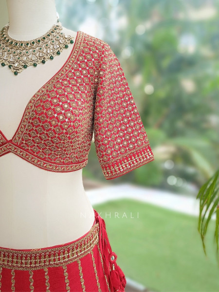 Afreen-Bagh Red Raw Silk or Satin-Georgette Bridal Lehenga