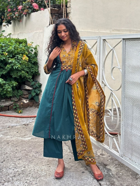 Vanika Teal Green Suit Set with Printed Yoke and Dupatta