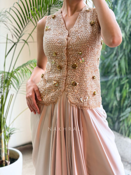 Elixir Shimmer Cream Satin-Crepe & Tulle Indo-Western Jacket Skirt Set