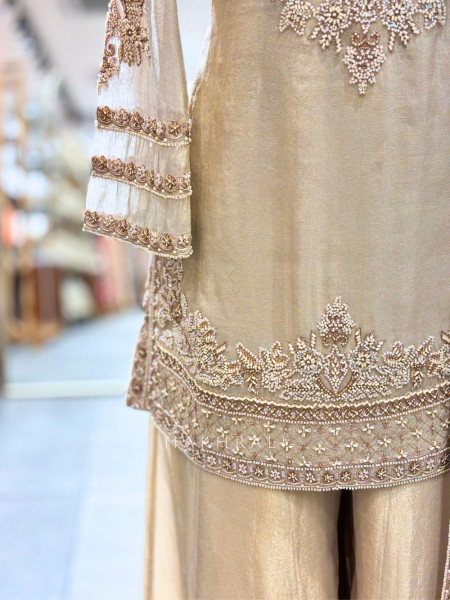 Hemshobha Beige Palazzo Suit Set With Bead and Cutdana Work