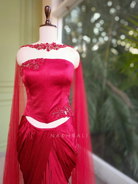 Zarina Maroon Satin Crop Top Skirt Set with Embroidered Detailing