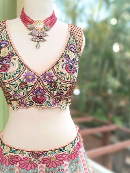 Carnira Peach Carnival Lehenga with Thread, Mirror, Sequin and Bead Work