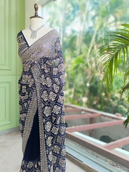 Tarangini Blue Net Saree With Cutdana and Sequin Work
