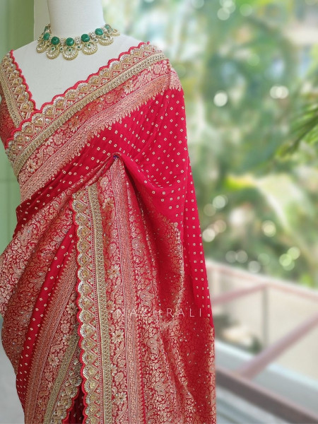 Dharini Red Pure Georgette Silk Blend Bandhani Saree with Banarasi Zari Border