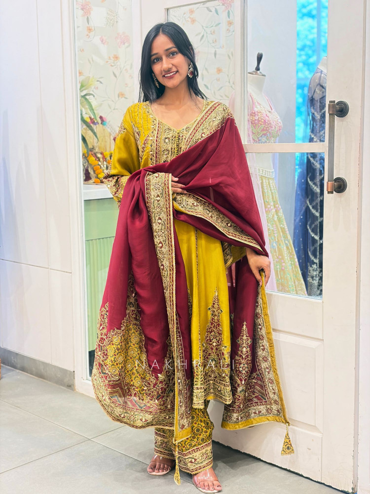 Image of Harini Mustard Suit Set with Gota Patti Work