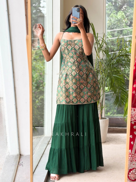 Heera Bottle Green Banarasi Brocade & Crushed Georgette Palazzo Suit Set