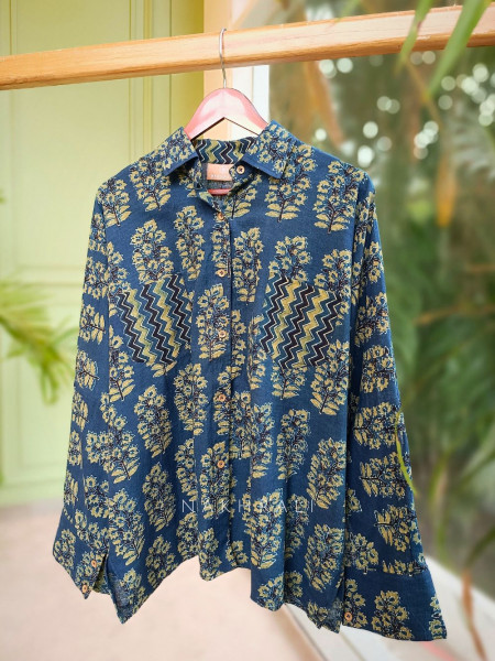 Banjara Blue Cotton Oversized Shirt with Tree Motif & Chevron Pocket