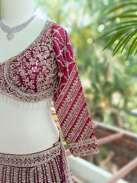 Kaira Wine Mirror Work Silk Lehenga
