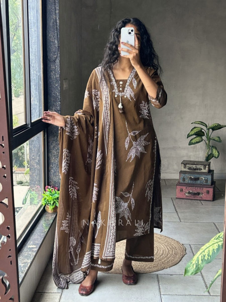Mrittika Brown Printed Suit Set with Dupatta