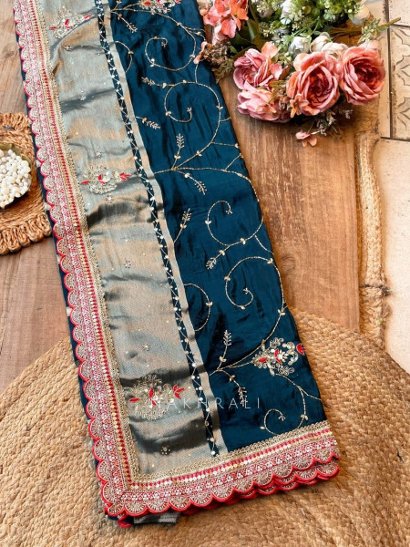 Koshira Teal Blue Pure Dola Silk Saree WIth Gotta Patti, Resham & Scalloped Zari Border