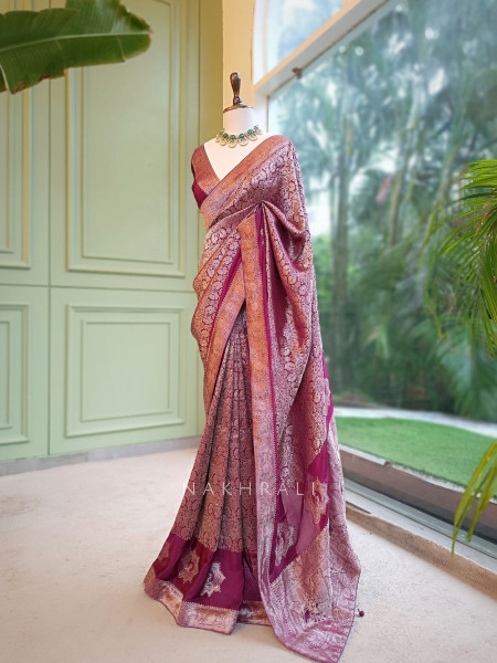 Noor-e-Kashi Katan Silk Wine Saree With Banarasi Zari Brocade Weave