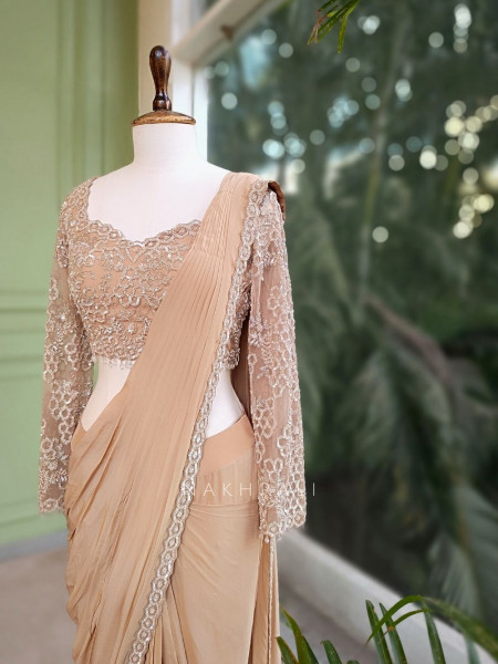 Taupe Allure Brown Drape Saree with Sequin Cut Dana Blouse