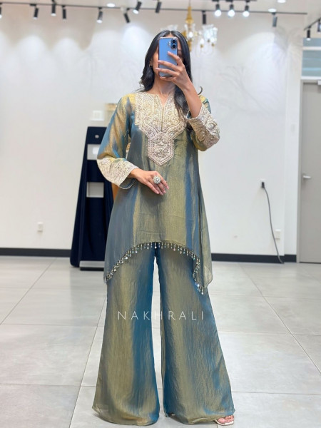 Anchal Olive Green Suit Set with Mirror Pearl Embroidery