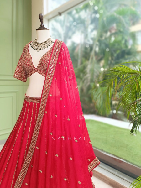 Afreen-Bagh Red Raw Silk or Satin-Georgette Bridal Lehenga