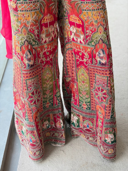 Banarasi Red Patchwork Flared Palazzo Set