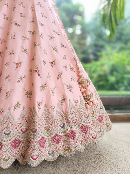 Crown Pink Raw Silk & Soft Net  Unstitched Lehenga