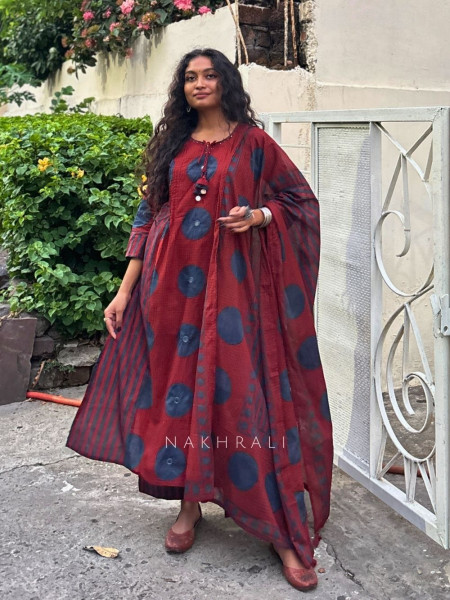 Dhaarna Maroon Cotton Suit Set with Printed Detail