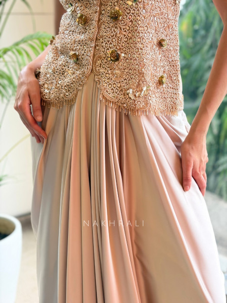 Elixir Shimmer Cream Satin-Crepe & Tulle Indo-Western Jacket Skirt Set