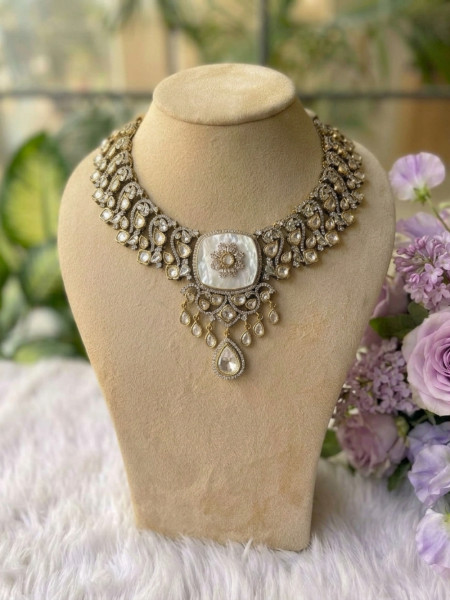 Padmarekha White Necklace Set With Stone-Encrusted Choker & Drop Detailing