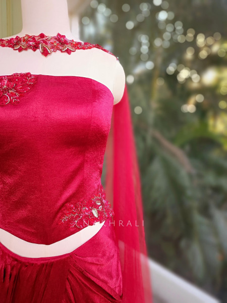 Zarina Maroon Satin Crop Top Skirt Set with Embroidered Detailing