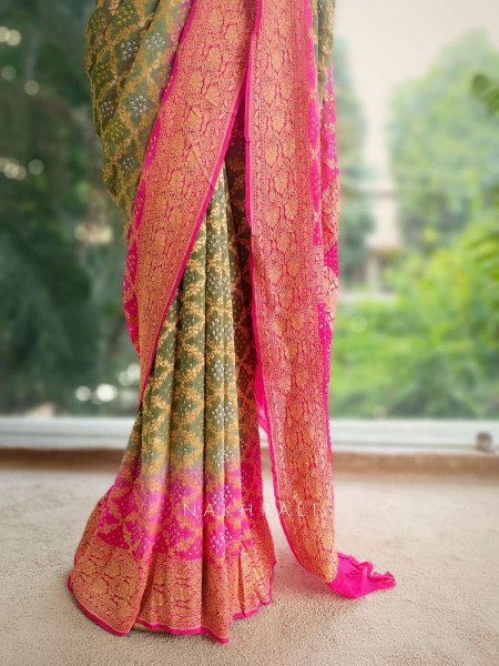 Ranjhimeen Green Khaddi Georgette Bandhani Saree with Zari Border