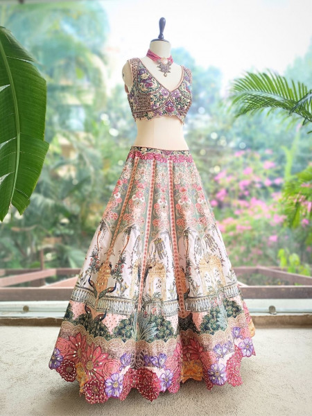 Carnira Peach Carnival Lehenga with Thread, Mirror, Sequin and Bead Work