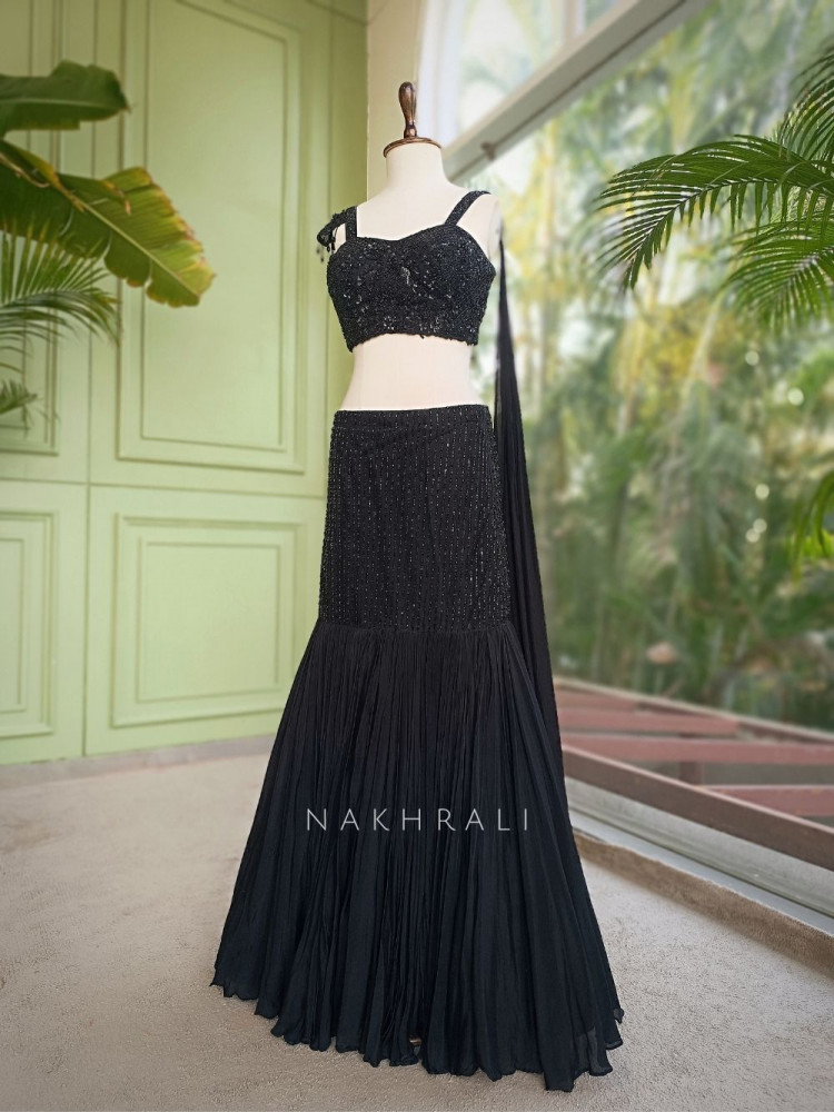 Image of Tavisha Black Georgette Indo Western Lehenga Set with Tonal Sequin Work