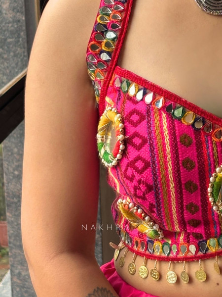 Jhilmil Magenta Mirror Work Blouse with Halter Neck & Tie Back