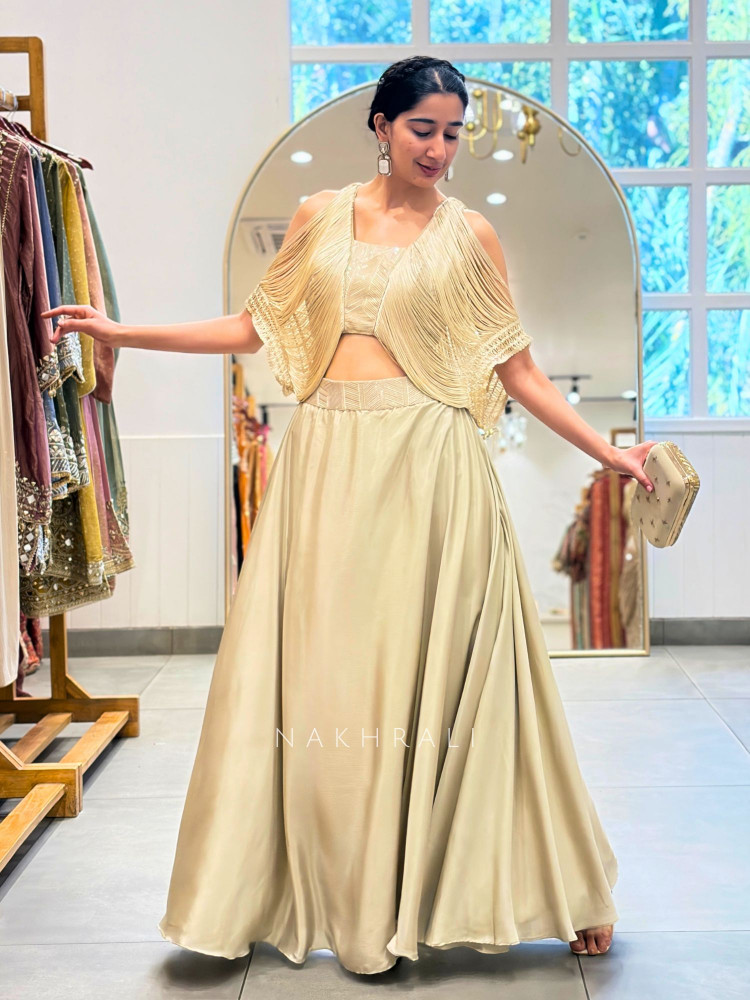 Image of Serina Beige  Indo-Western Lehenga Set with Fringe Cape