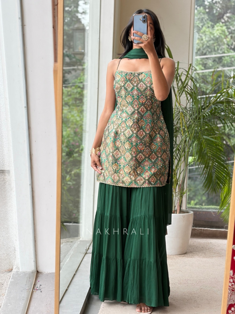 Image of Heera Bottle Green Banarasi Brocade &amp; Crushed Georgette Palazzo Suit Set