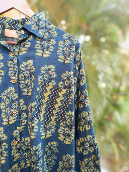 Banjara Blue Cotton Oversized Shirt with Tree Motif & Chevron Pocket