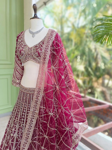 Kaira Wine Mirror Work Silk Lehenga