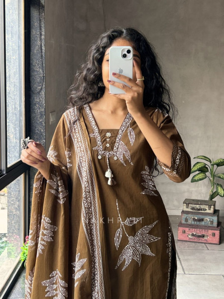 Mrittika Brown Printed Suit Set with Dupatta