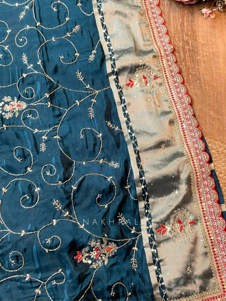 Koshira Teal Blue Pure Dola Silk Saree WIth Gotta Patti, Resham & Scalloped Zari Border