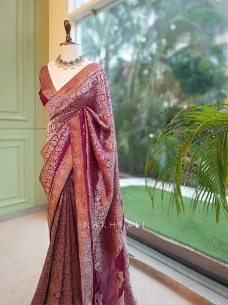 Noor-e-Kashi Katan Silk Wine Saree With Banarasi Zari Brocade Weave