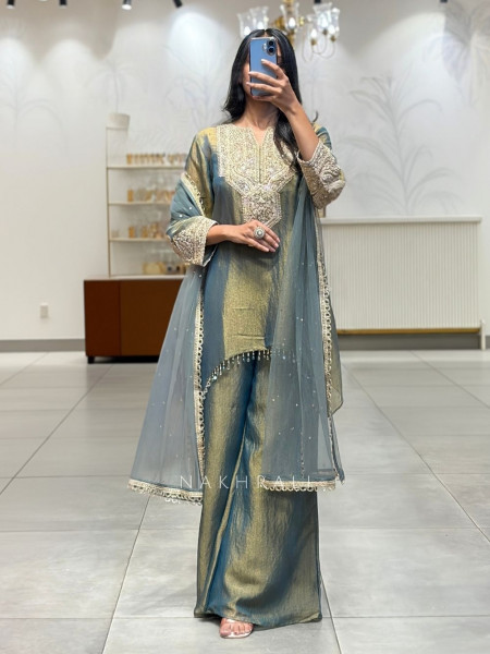 Anchal Olive Green Suit Set with Mirror Pearl Embroidery