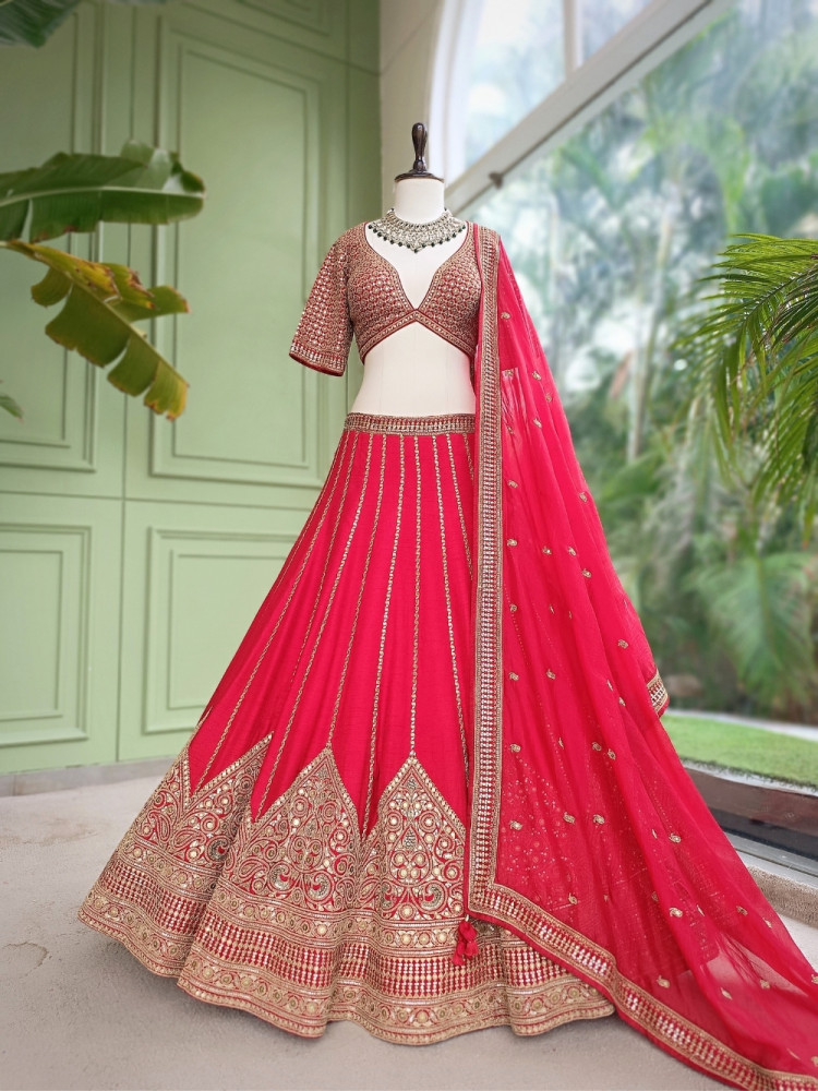 Image of Afreen-Bagh Red Raw Silk or Satin-Georgette Bridal Lehenga